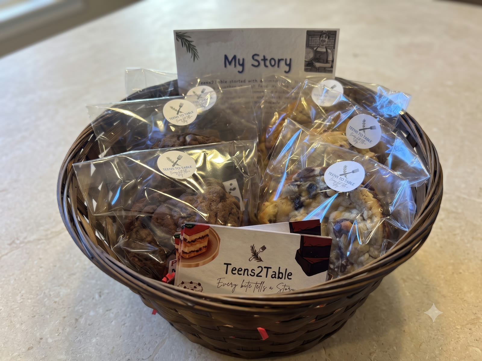 A woven basket of individually wrapped cookies with the My Story card