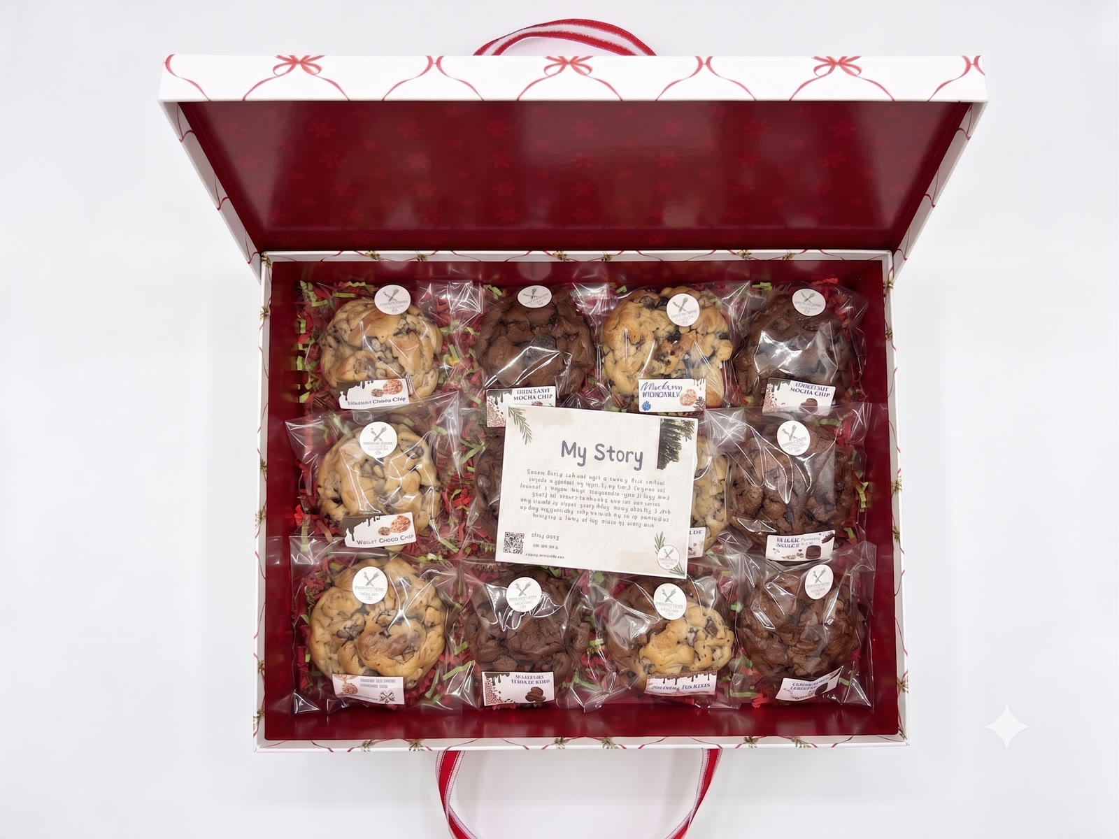 The Holiday Dozen box with twelve labeled cookies