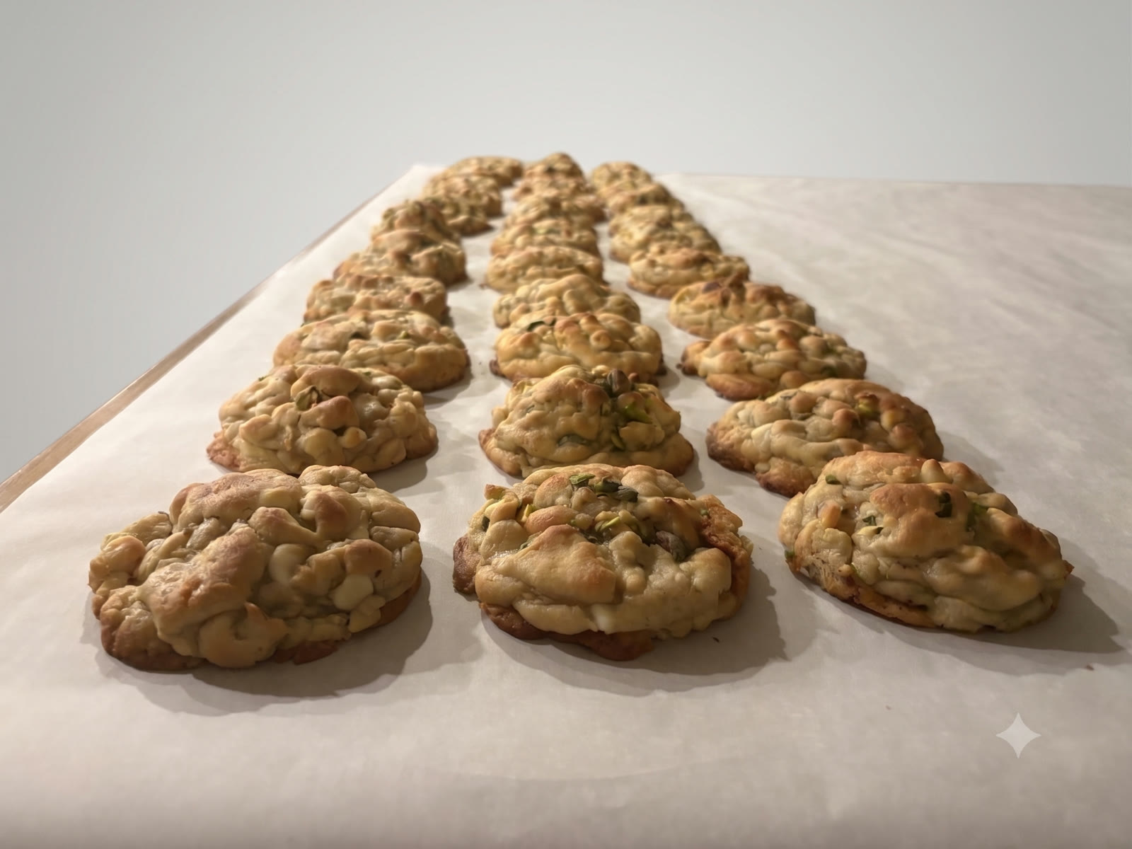 Freshly baked pistachio white chocolate cookies cooling on parchment
